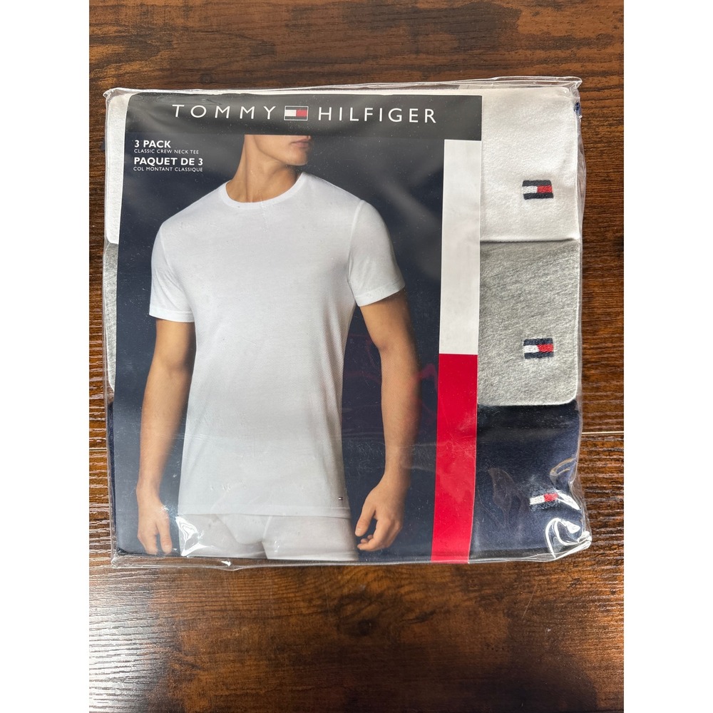 Tommy Hilfiger Mens 3 Pack Classic Crew Neck Tee White Grey‎ Navy 09TCR01099 M